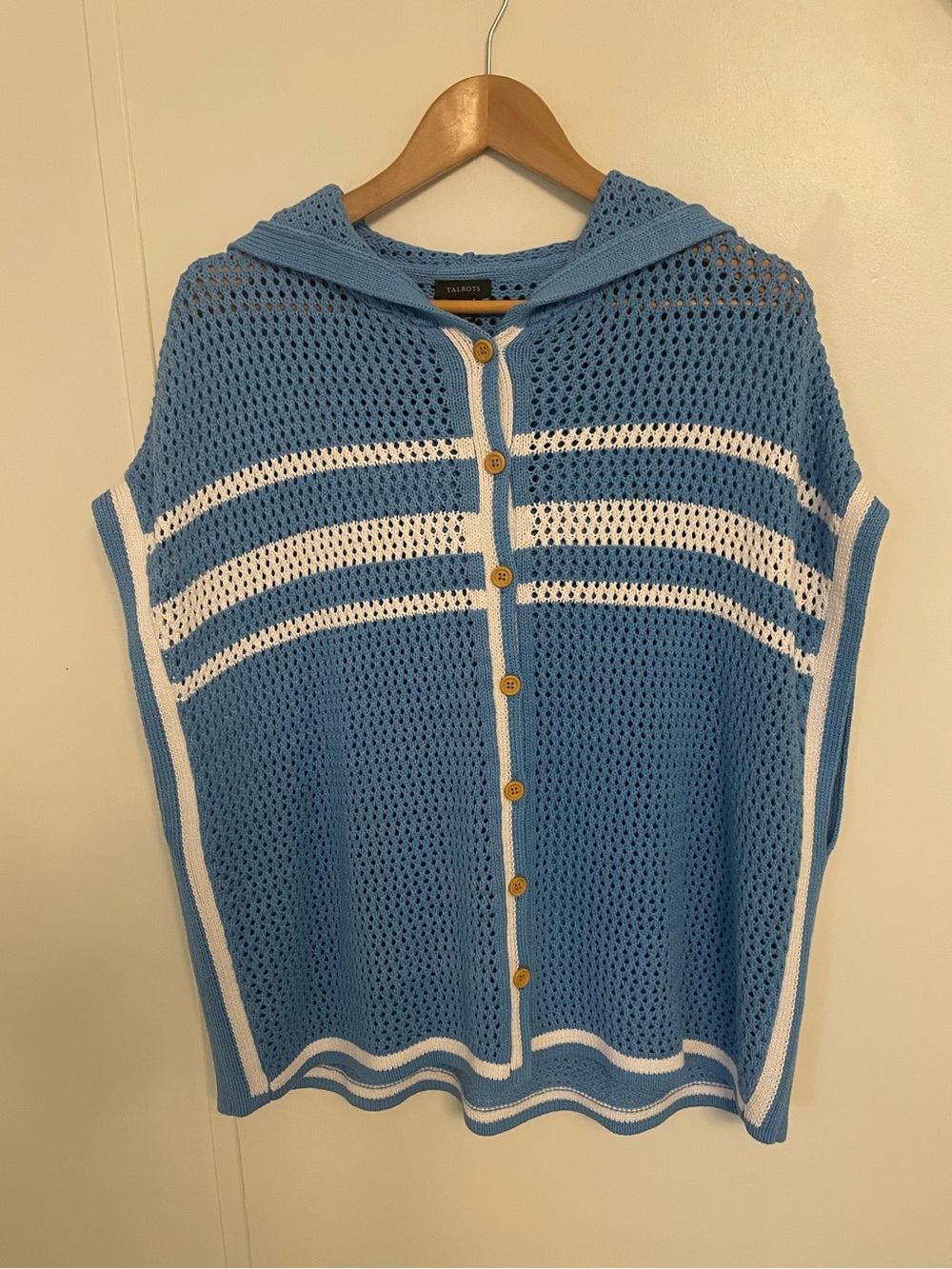 Talbots Light Blue and White Striped Knit Hooded Poncho Sweater Button up M/L
